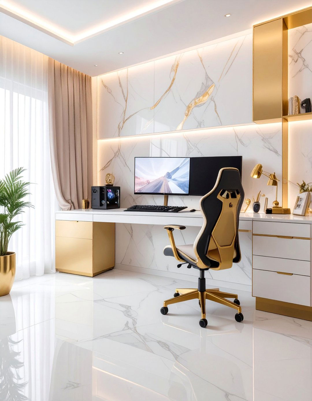 Marble And Gold Gaming Setup - 20 Gamer Girl Room Ideas for a Fun and Stylish Setup