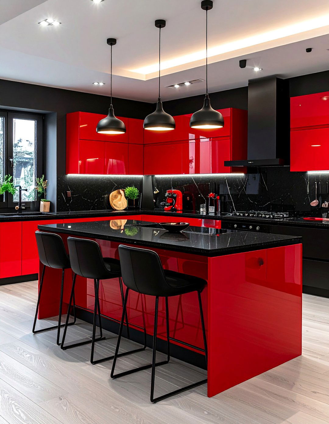 Matte Black Cabinetry with a Red Island - 25 Red and Black Kitchen Ideas for a Dramatic Flair