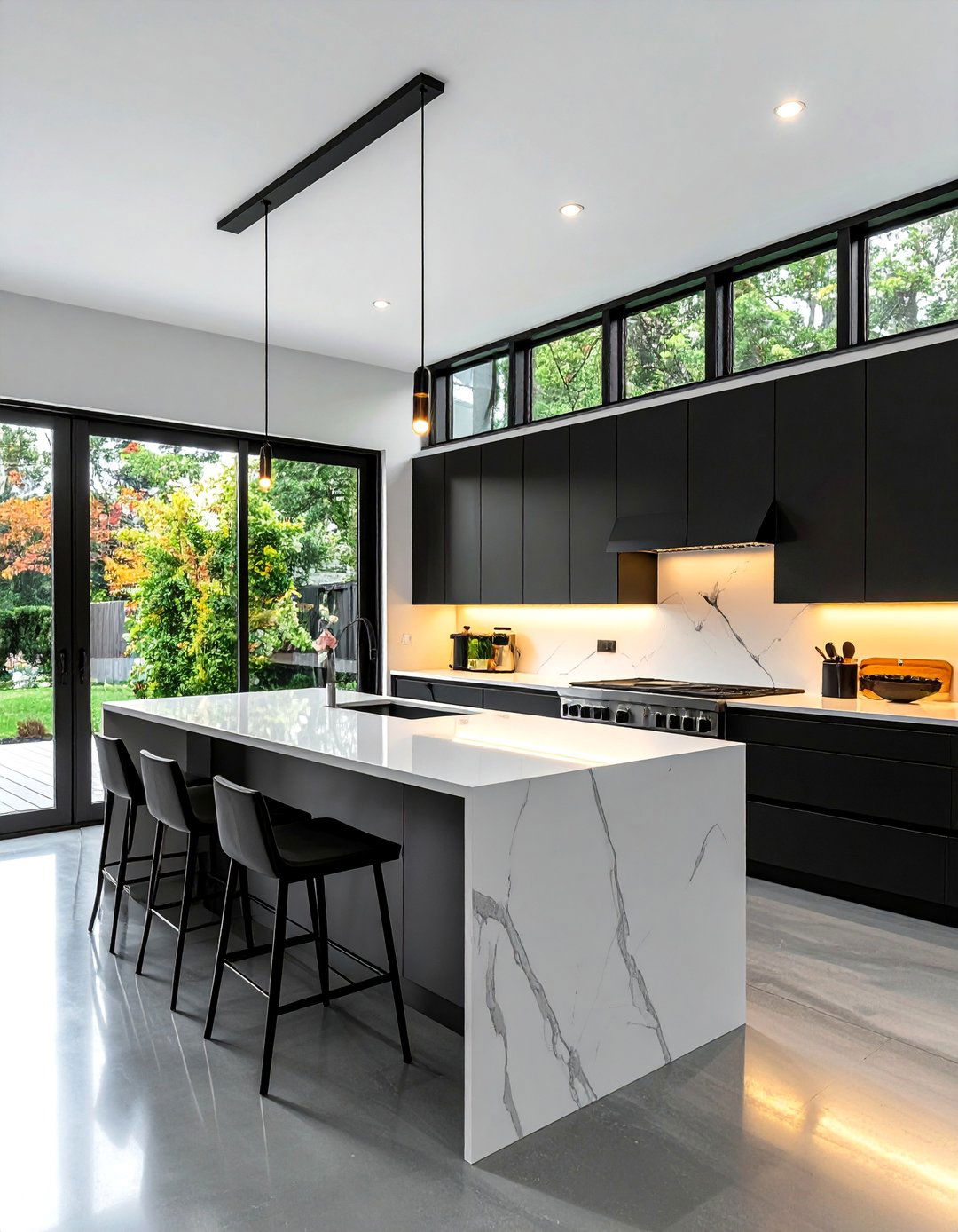 Matte Black Flat Panel Cabinets with a White Quartz Waterfall Island - 15 Black Kitchen Cabinets With White Countertops Ideas