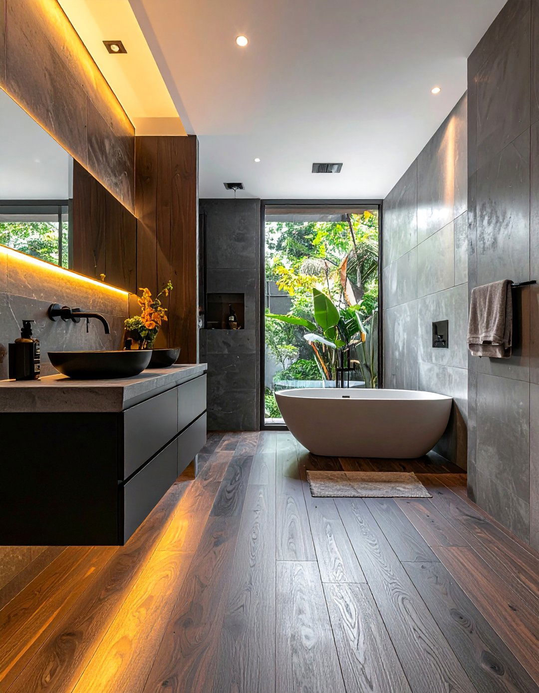 Matte Finish Dark Wood Flooring - 25 Dark Wood Floor Bathroom Ideas for a Cozy Retreat