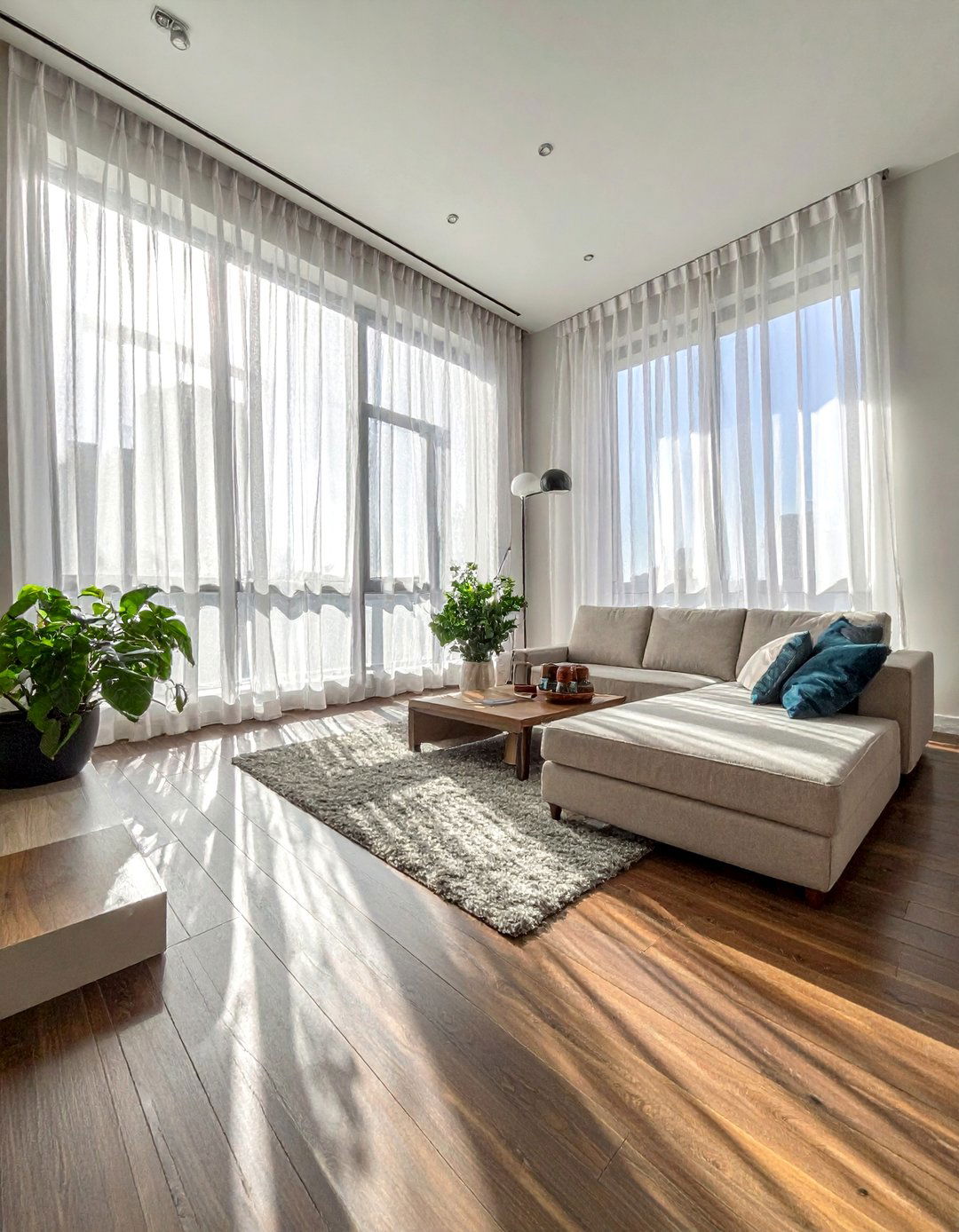 Maximizing Natural Light with Sheer Curtains and Dark Brown Floors - 30 Dark Brown Floor Living Room Ideas for a Warm Ambiance