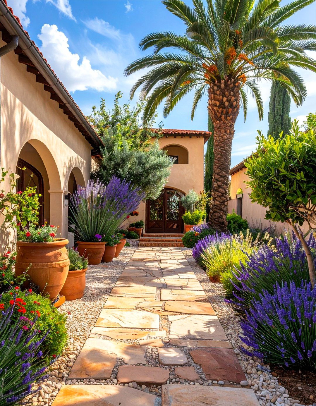 Mediterranean Coastal Fusion - 30 Front Yard Palm Tree Landscape Design Ideas