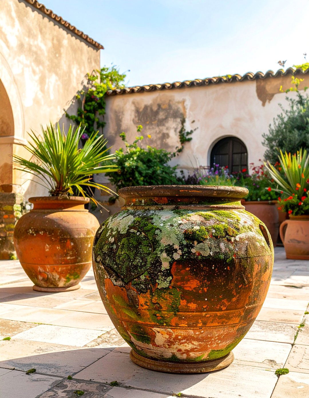 Mediterranean Patio Accented with Aged Ceramic Urns - 25 Mediterranean Patio Ideas for a Relaxing Outdoor Space