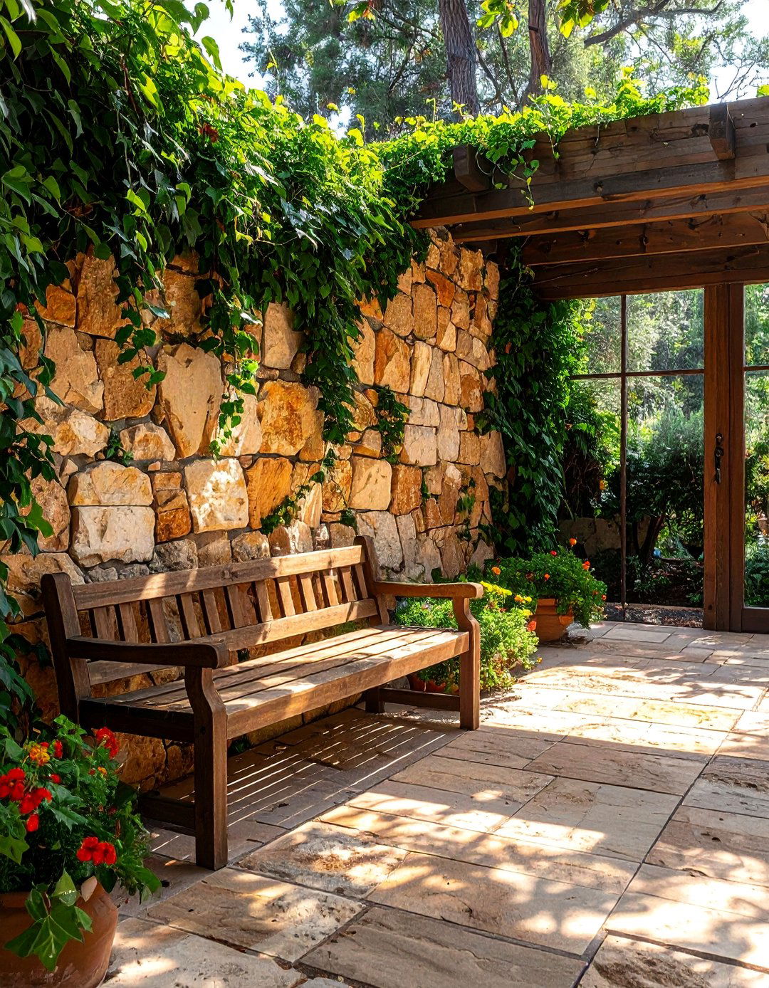 Mediterranean Patio Featuring a Stone Accent Wall - 25 Mediterranean Patio Ideas for a Relaxing Outdoor Space