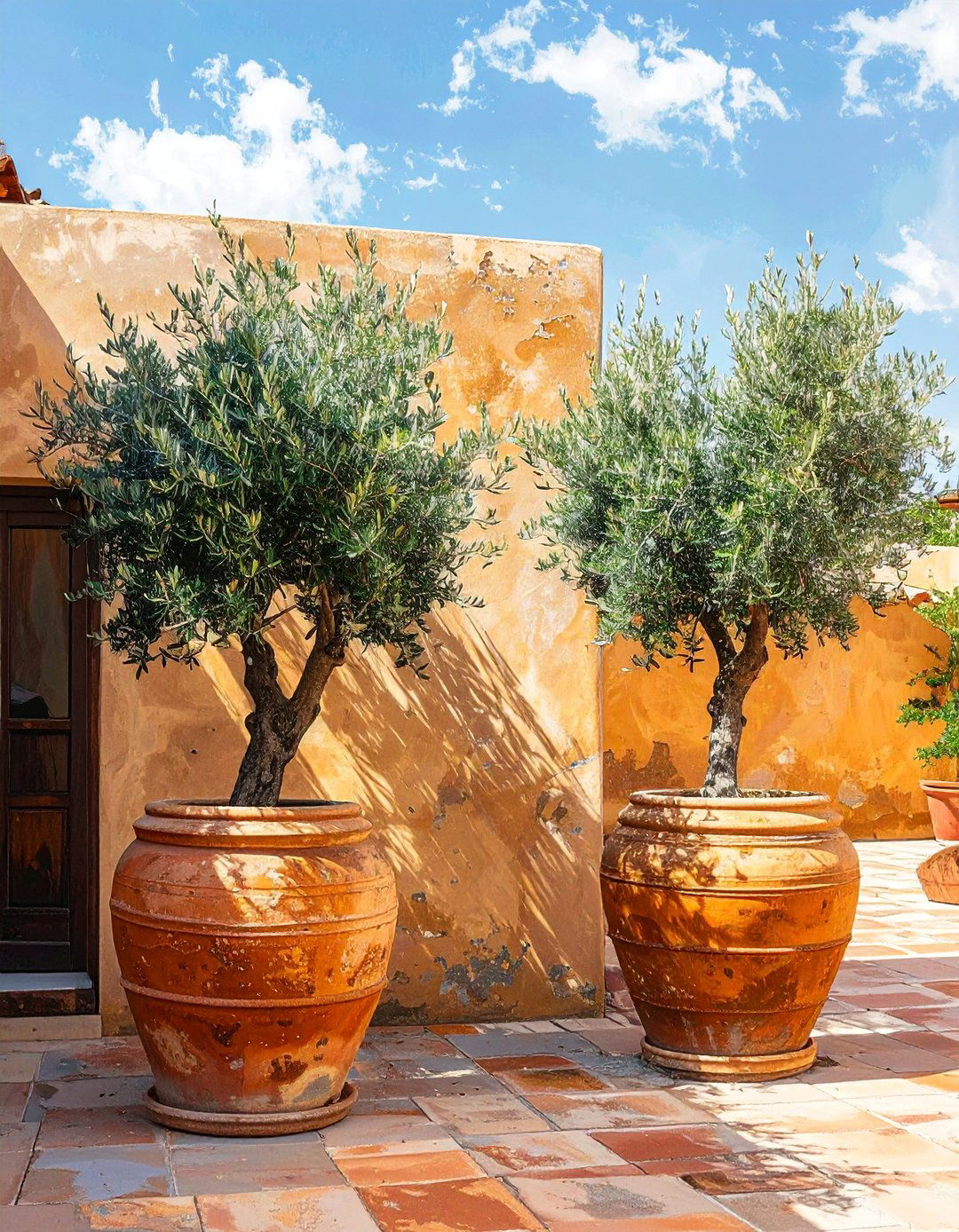 Mediterranean Patio with Olive Trees in Large Terracotta Pots - 25 Mediterranean Patio Ideas for a Relaxing Outdoor Space