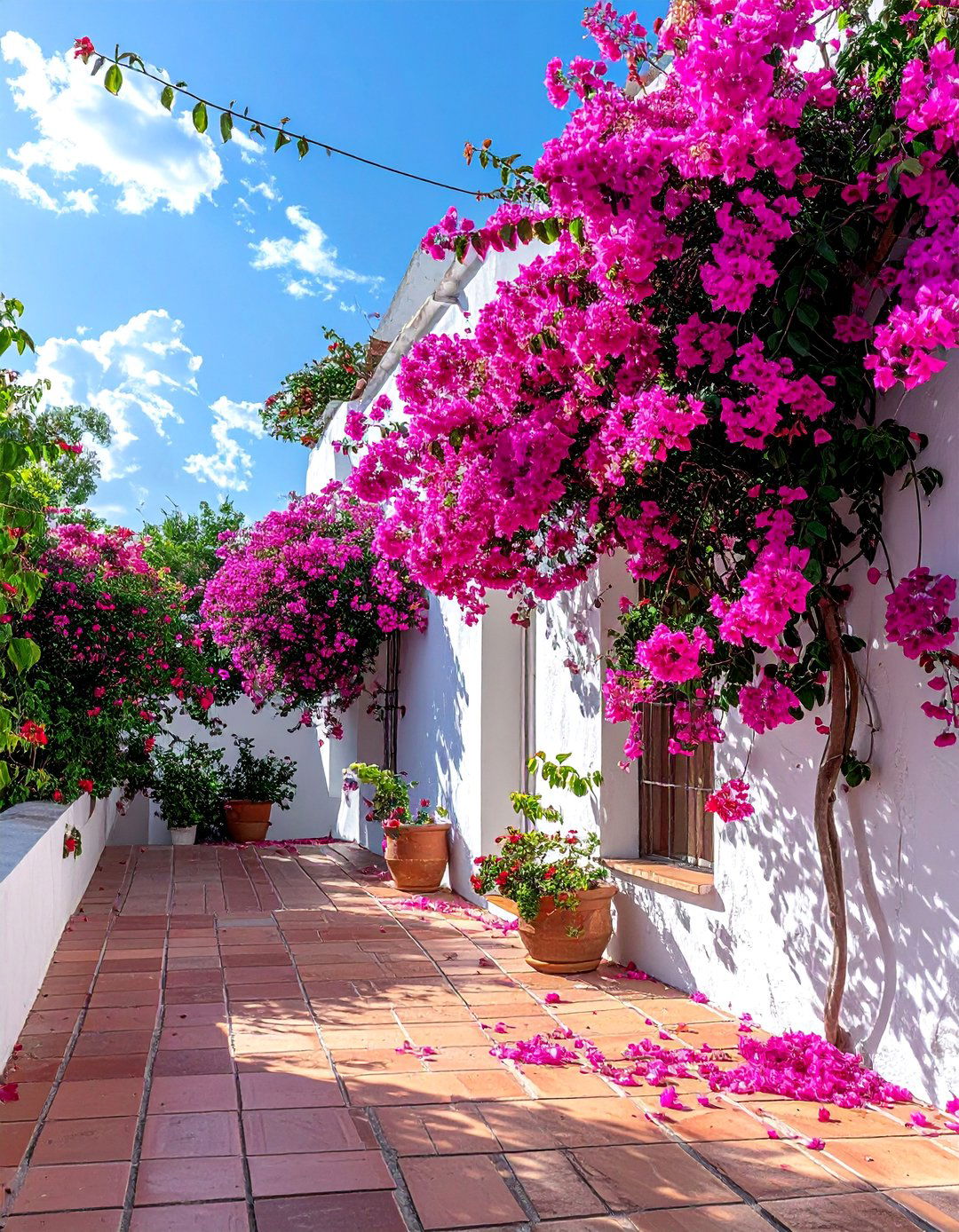 Mediterranean Patio with Trailing Bougainvillea - 25 Mediterranean Patio Ideas for a Relaxing Outdoor Space