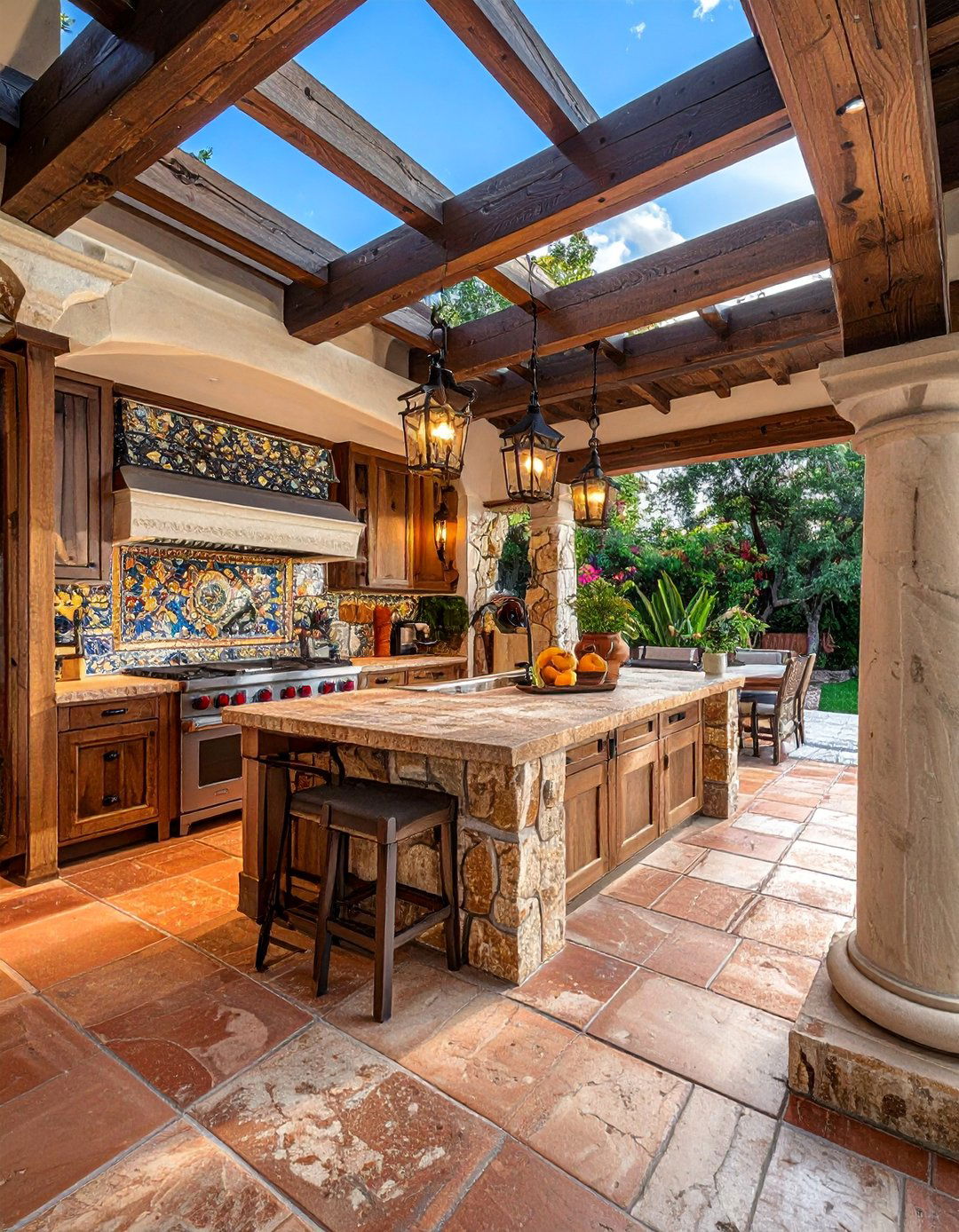 Mediterranean Stone and Tile Outdoor Kitchen - 20 Outdoor Kitchen with a Gazebo Ideas for Entertaining