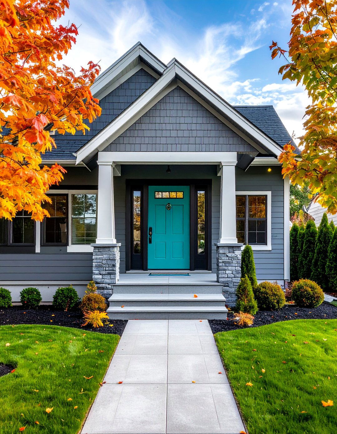 Medium Gray with a Bold Teal Door - 40 Gray Exterior House Paint Ideas for Modern Homes