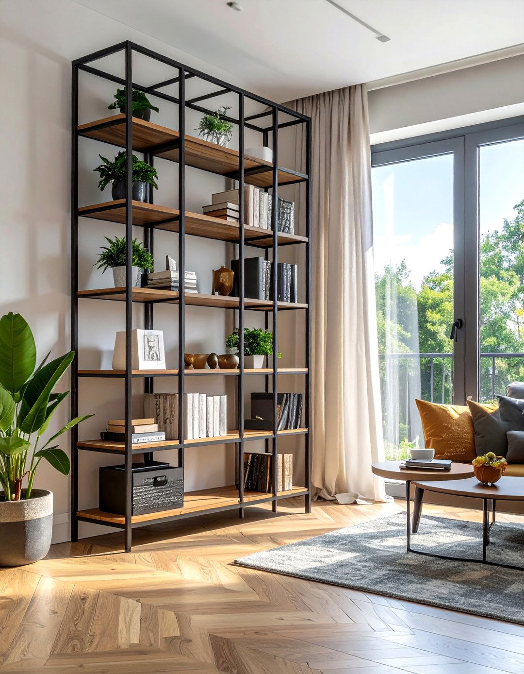 Metal Framed Bookcases for Open Storage - 40 Transitional Living Room Ideas for Modern Homes