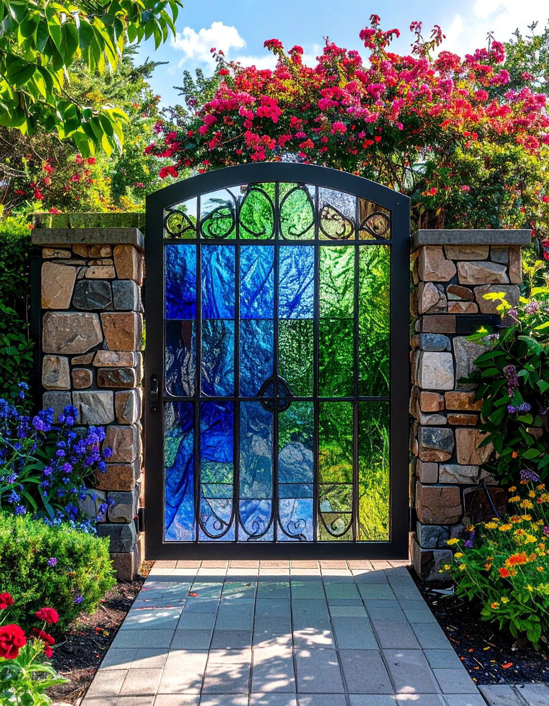 Metal Garden Gate with Colored Glass Inserts