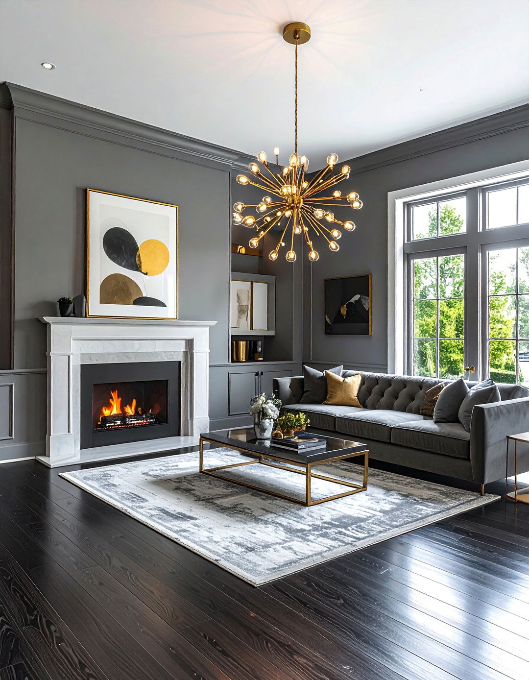 Metallic Gold or Brass Accents - 20 Grey Living Room With Dark Wood Floors Ideas