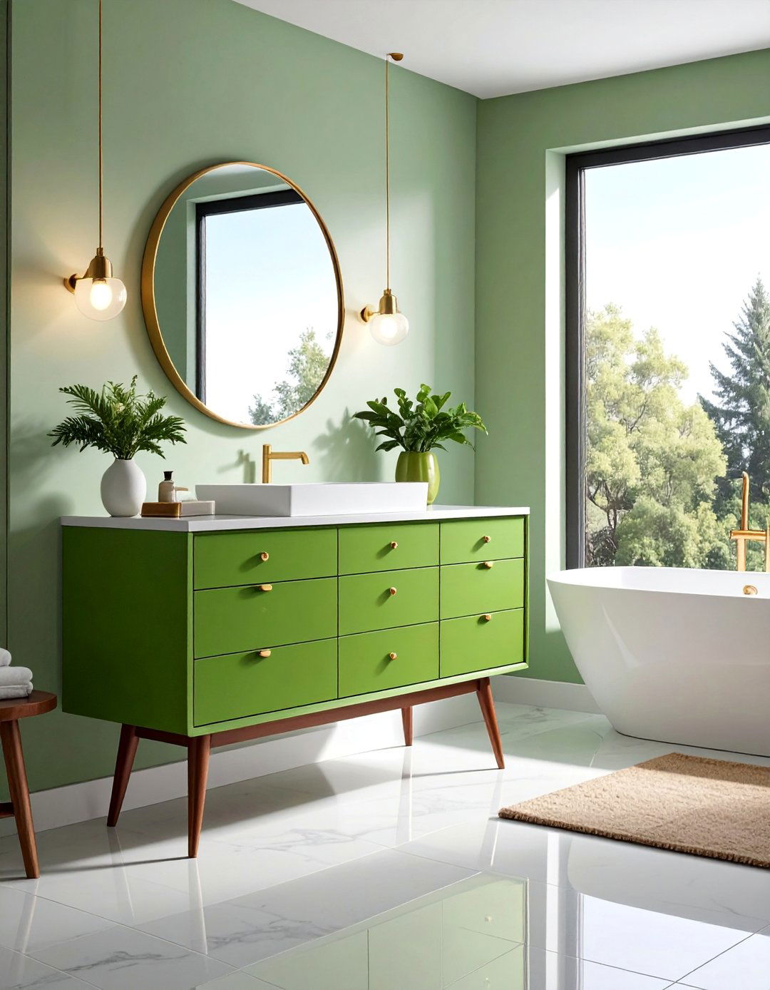 Mid Century Modern Green Vanity with Tapered Legs - 15 Gorgeous Bathroom Designs Featuring Green Vanities