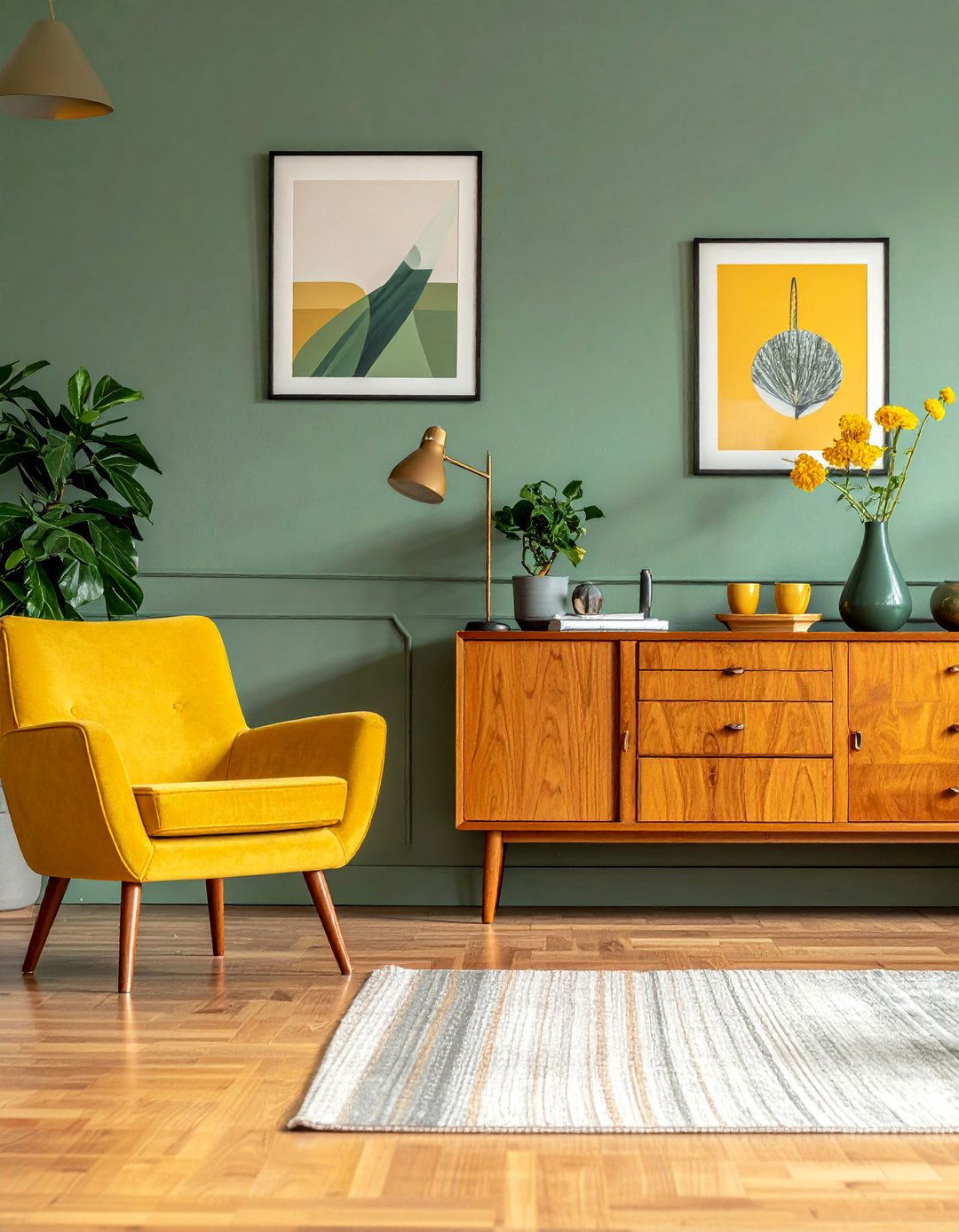 Mid Century Modern Living Room in Sage Green - 40 Sage Green Paint Color Ideas for a Serene Home