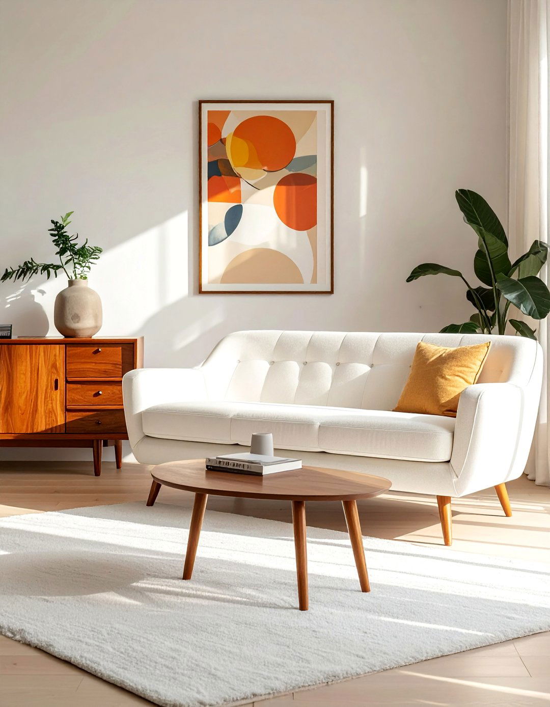Mid Century Modern White Couch Living Room with Tapered Legs - 30 White Couch Living Room Ideas for a Bright Space