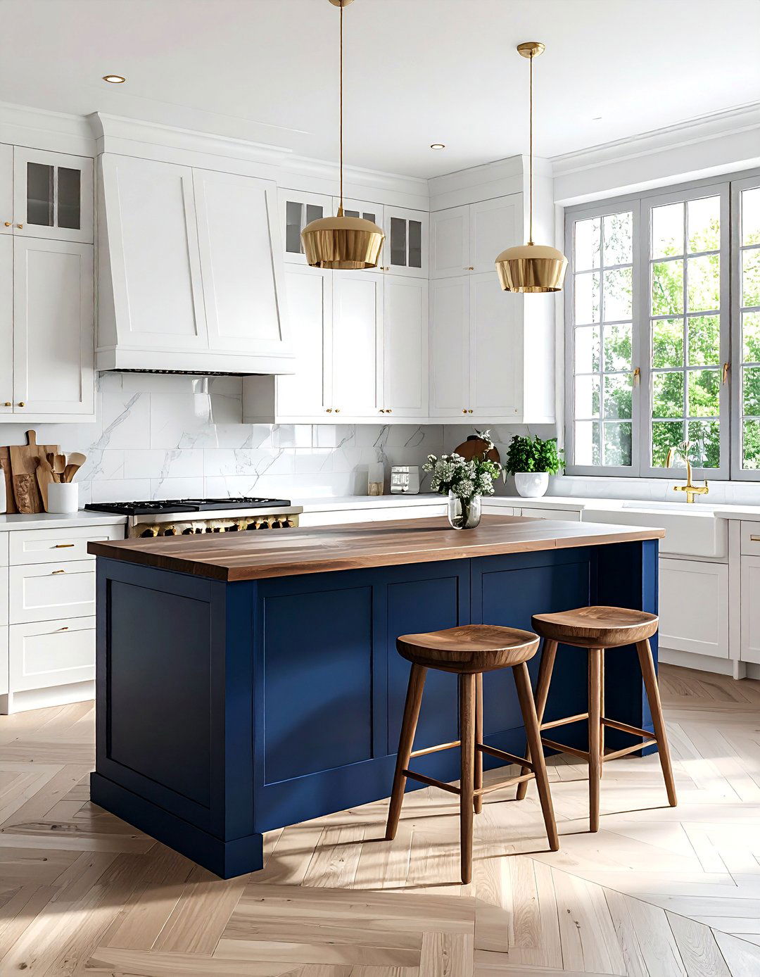 Midnight Blue Island with Dark Wood Accents - 30 White Kitchen Cabinets With Blue Island Design Ideas