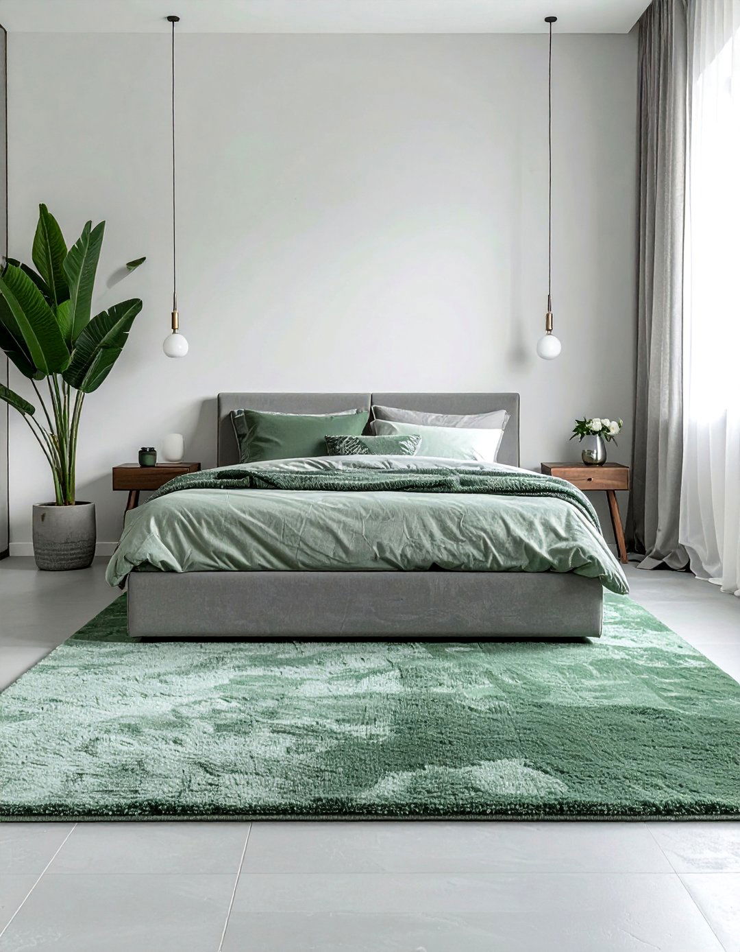 Minimalist Bedroom with Grey Floors and a Sage Green Rug - 25 Sage Green and Grey Bedroom Ideas for a Relaxing Retreat