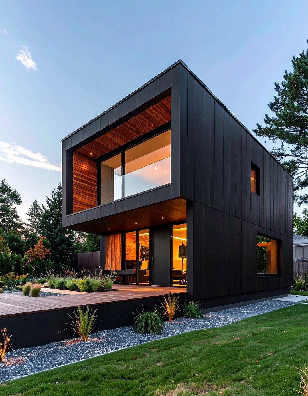 Minimalist Black Cube House with a Cedar Entryway - 20 Black House with Cedar Accents Design Ideas
