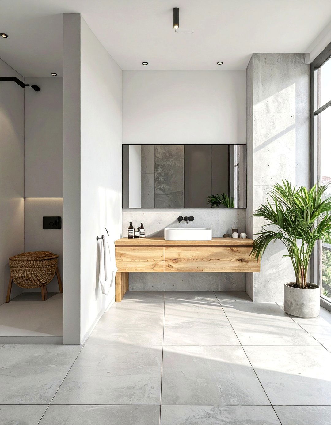 Minimalist Concrete Look Powder Room Floor Tile
