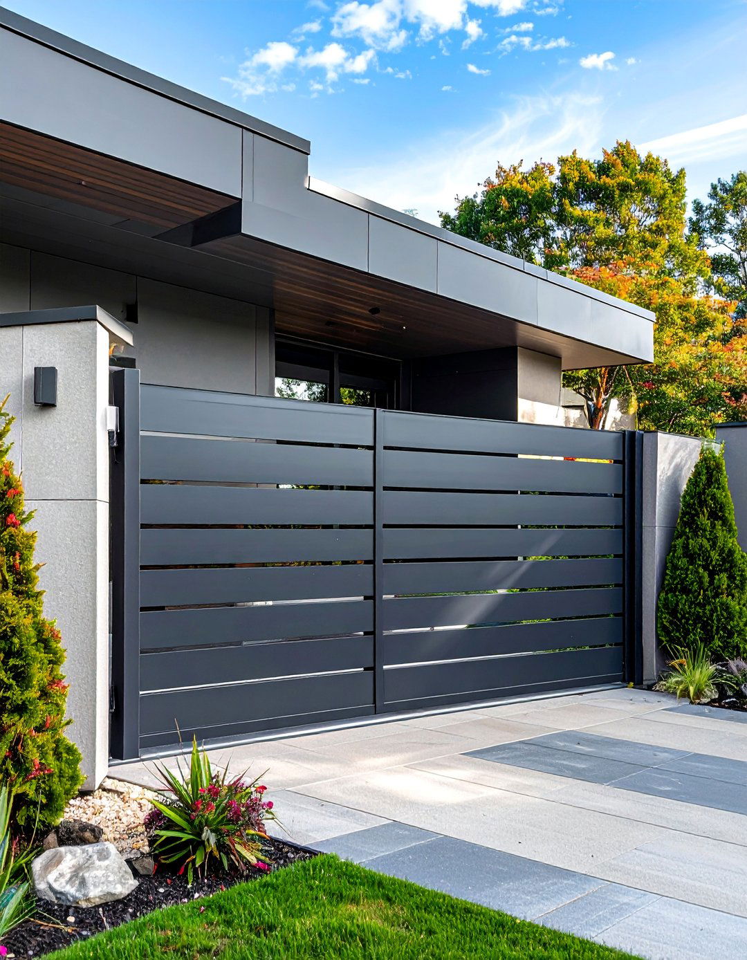 Minimalist Horizontal Slat Metal Garden Gate - 25 Metal Garden Gate Ideas for a Stylish Entrance