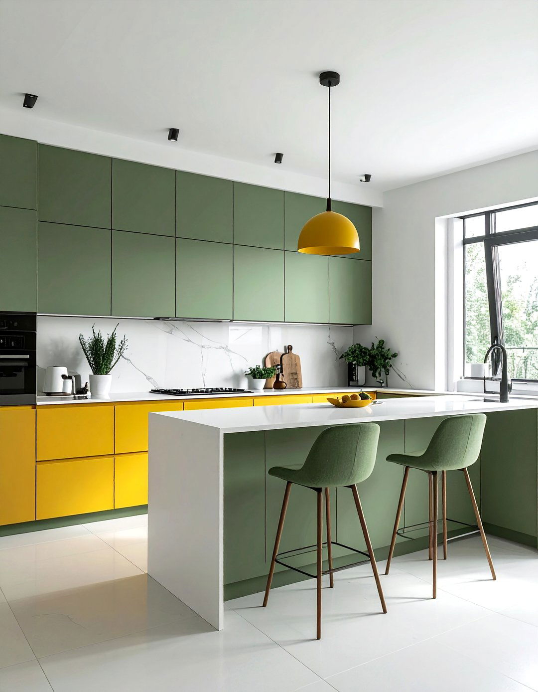 Minimalist Kitchen with Eucalyptus Green and Muted Yellow