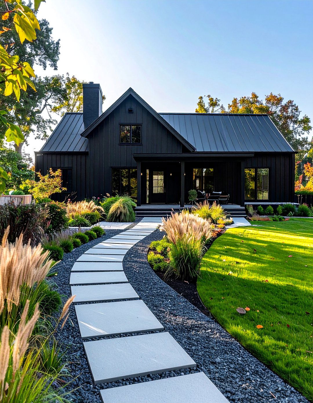 Minimalist Landscaping Approach - 40 Black Modern Farmhouse Exterior Design Ideas for a Sleek Look