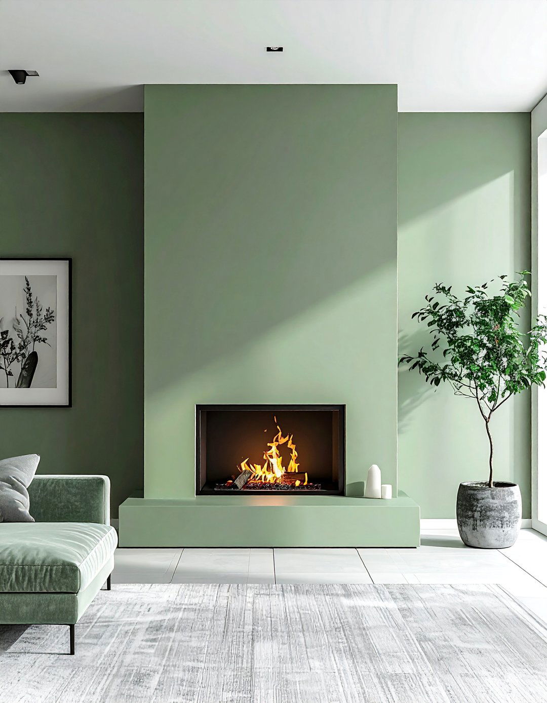 Minimalist Sage Green Fireplace with No Mantel - 15 Sage Green Fireplace Ideas to Cozy Up Your Space