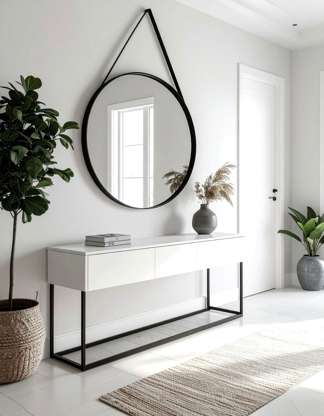 Minimalist Scandinavian Entryway with a Round Mirror - 20 Scandinavian Entryway Ideas for a Cozy Home