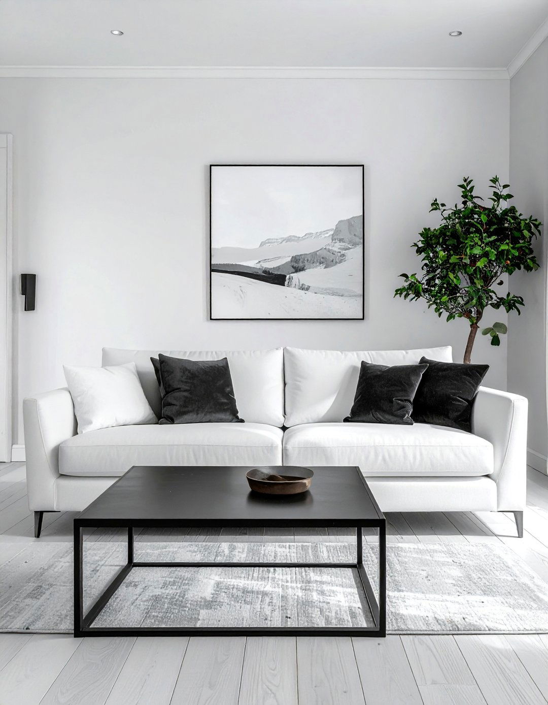 Minimalist White Couch Living Room with Black Accents - 30 White Couch Living Room Ideas for a Bright Space