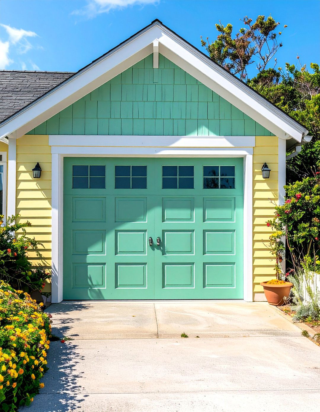 Mint Green Garage Door on a Coastal Home - 20 Green Garage Door Ideas to Boost Curb Appeal