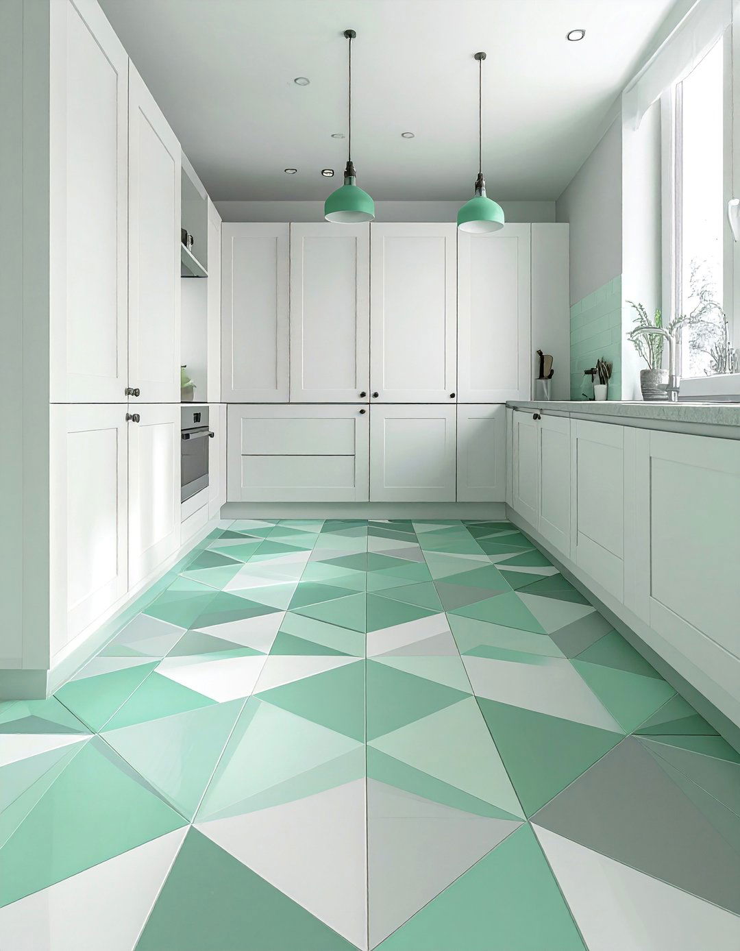 Mint Green Geometric Floor Tiles - 30 Mint Green Kitchen Ideas for a Fresh Look