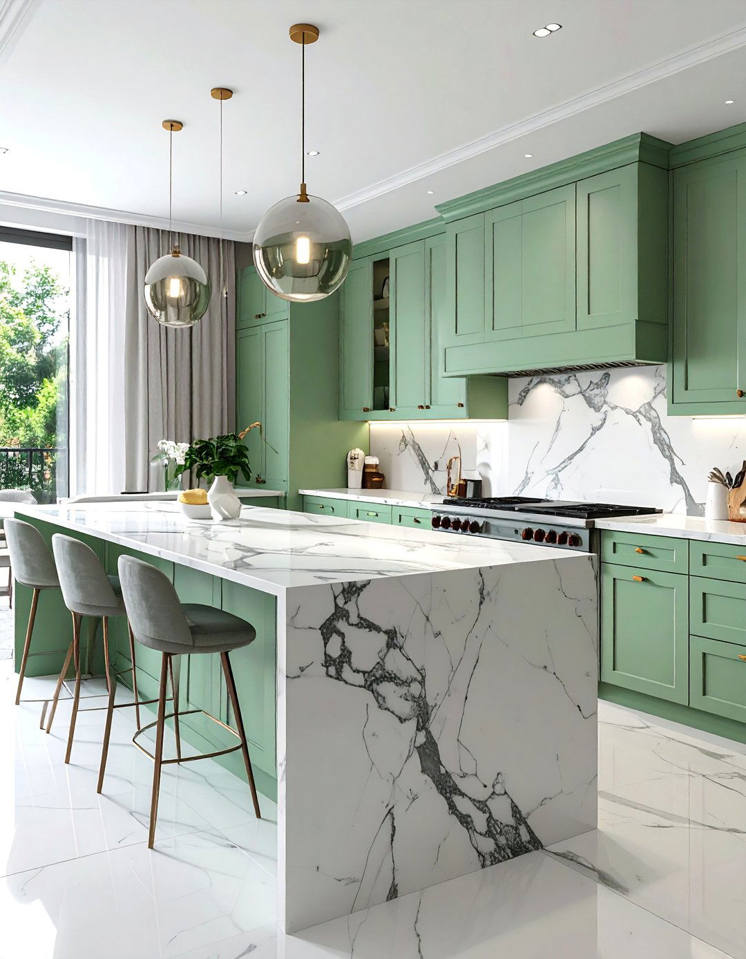 Mint Green Kitchen with White Marble Countertops - 30 Mint Green Kitchen Ideas for a Fresh Look