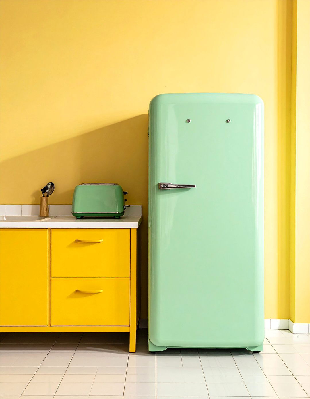 Mint Green Retro Appliances and Buttery Yellow Walls - 20 Green and Yellow Kitchen Ideas for a Fresh Look