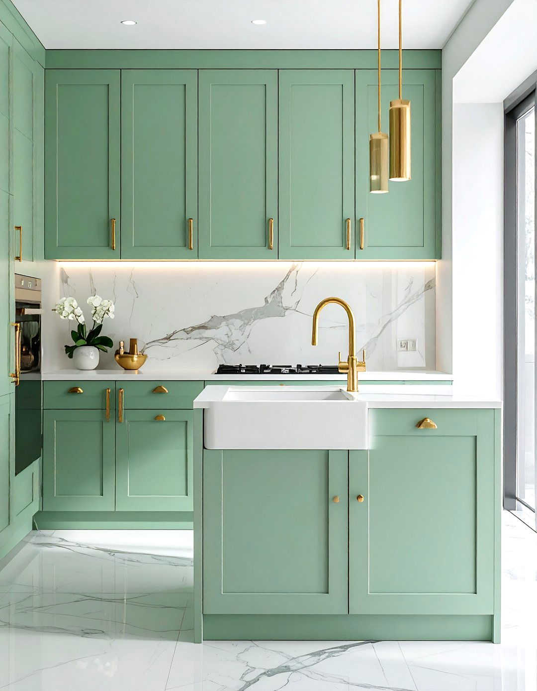 Mint Green with Gold Hardware and Fixtures - 30 Mint Green Kitchen Ideas for a Fresh Look