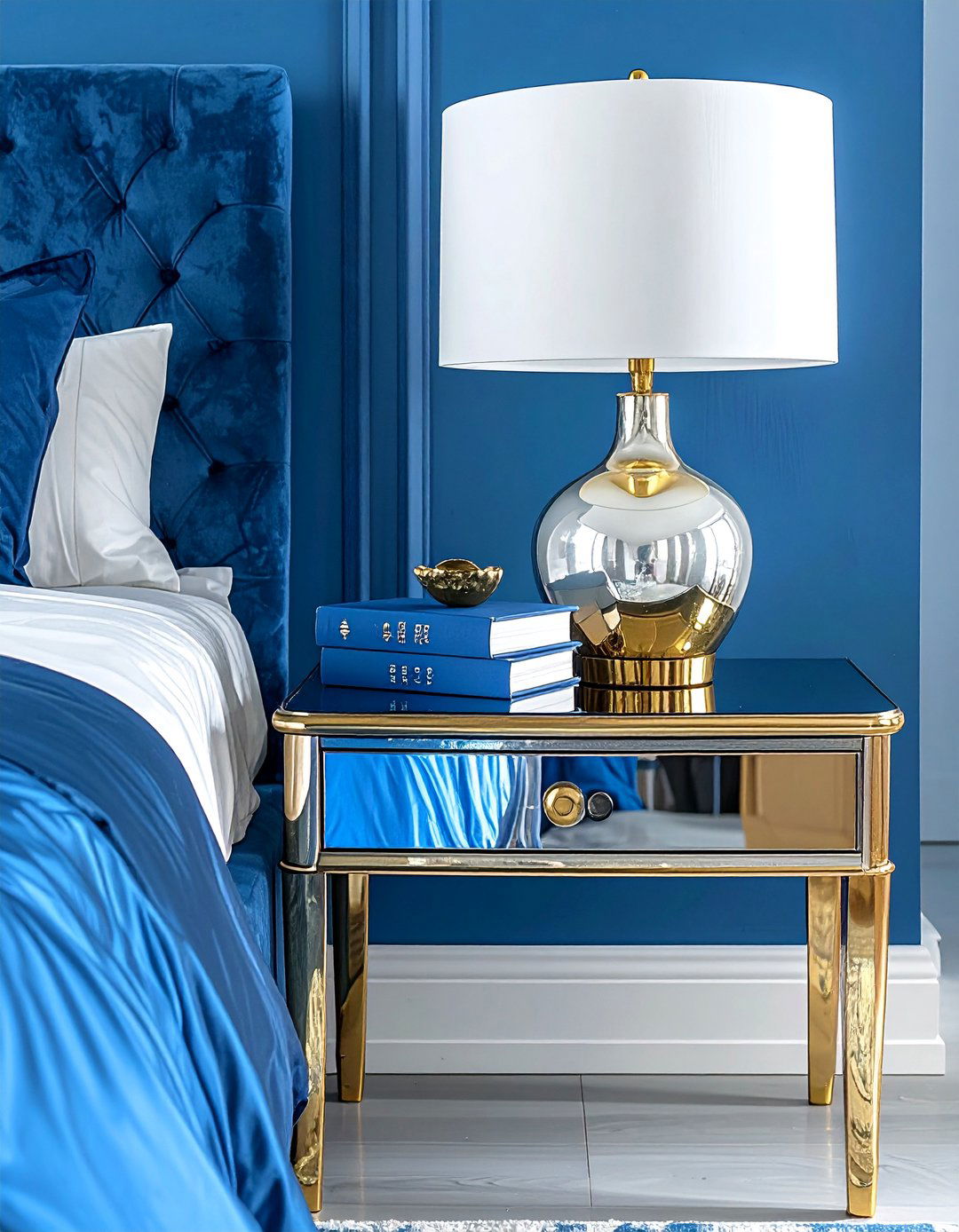 Mirrored Furniture with Gold Trim and Blue Accessories - 20 Blue and Gold Bedroom Ideas for a Luxurious Look