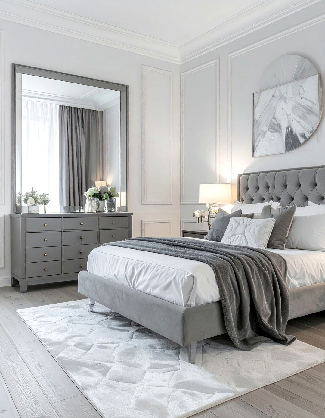 Mirrored Furniture with Grey Framing - 40 Grey and White Bedroom Ideas for a Serene Retreat