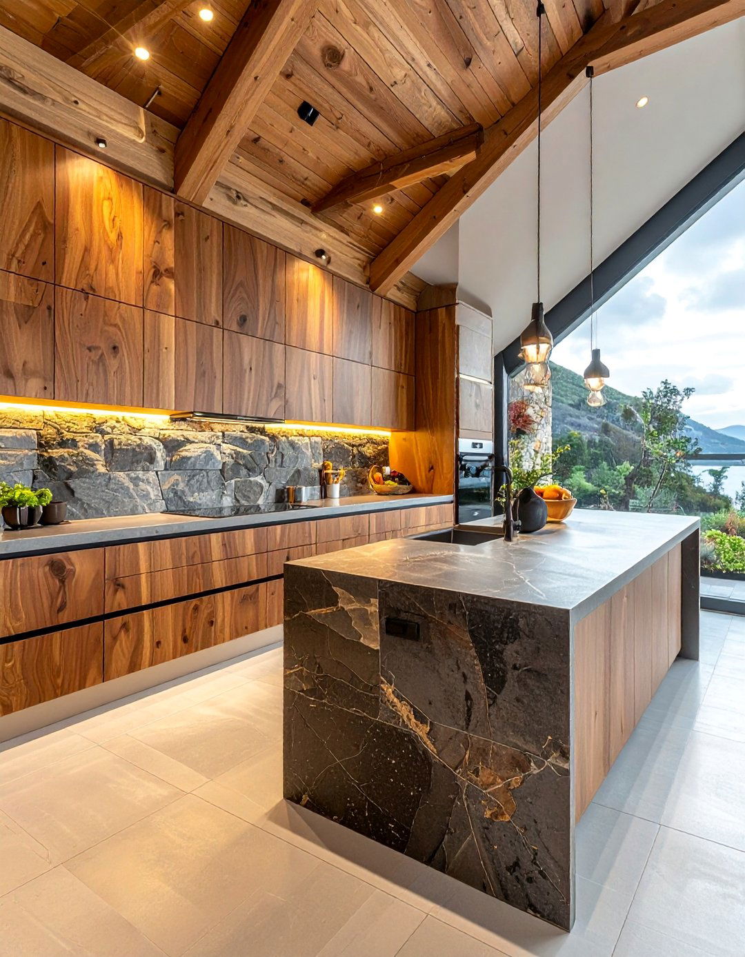 Mixed Material Kitchen - 20 Sloped Ceiling Kitchen Ideas to Maximize Space