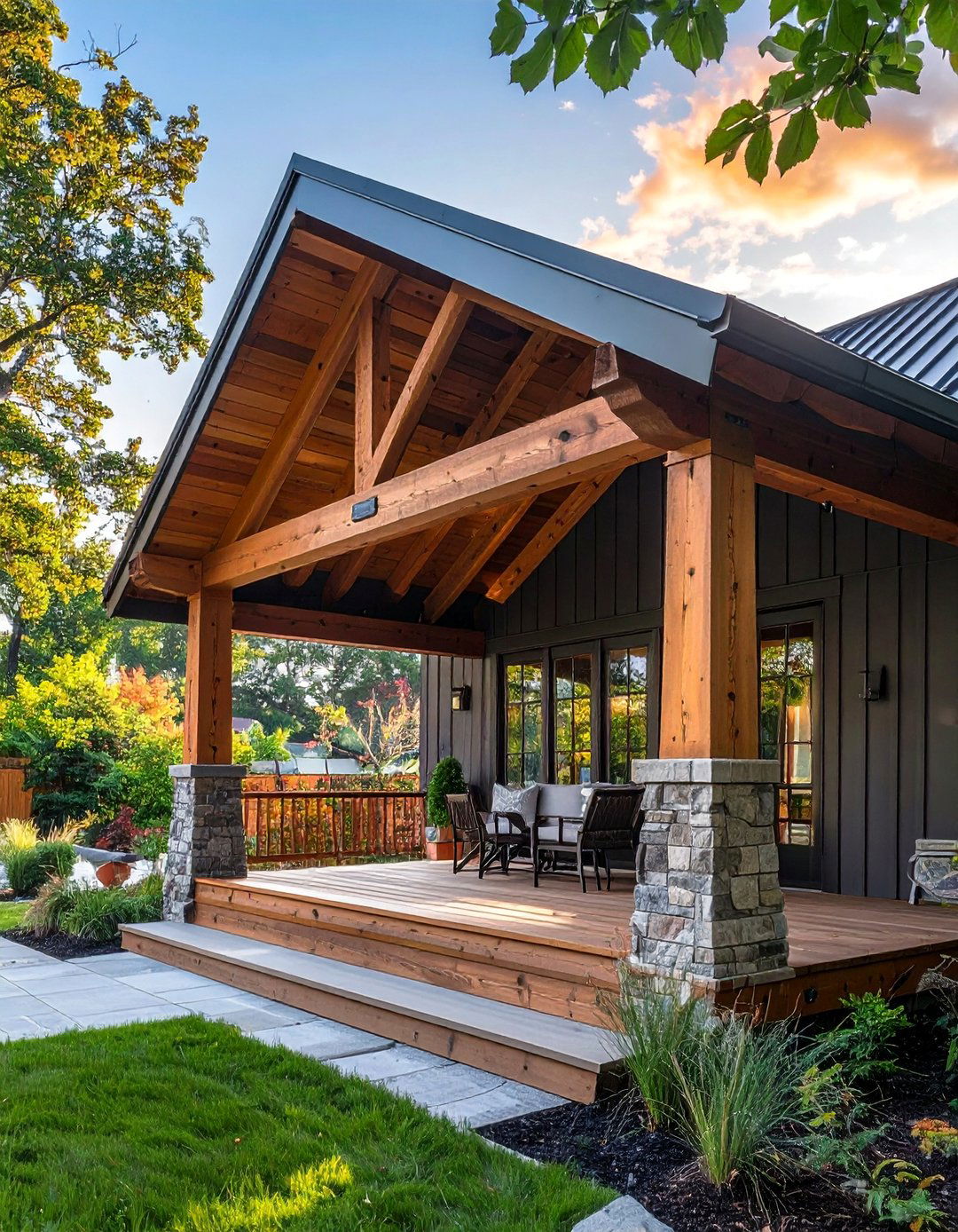 Mixed Material Metal Wood Porch Roof - 30 Metal Roof Porch Design Ideas for Durability