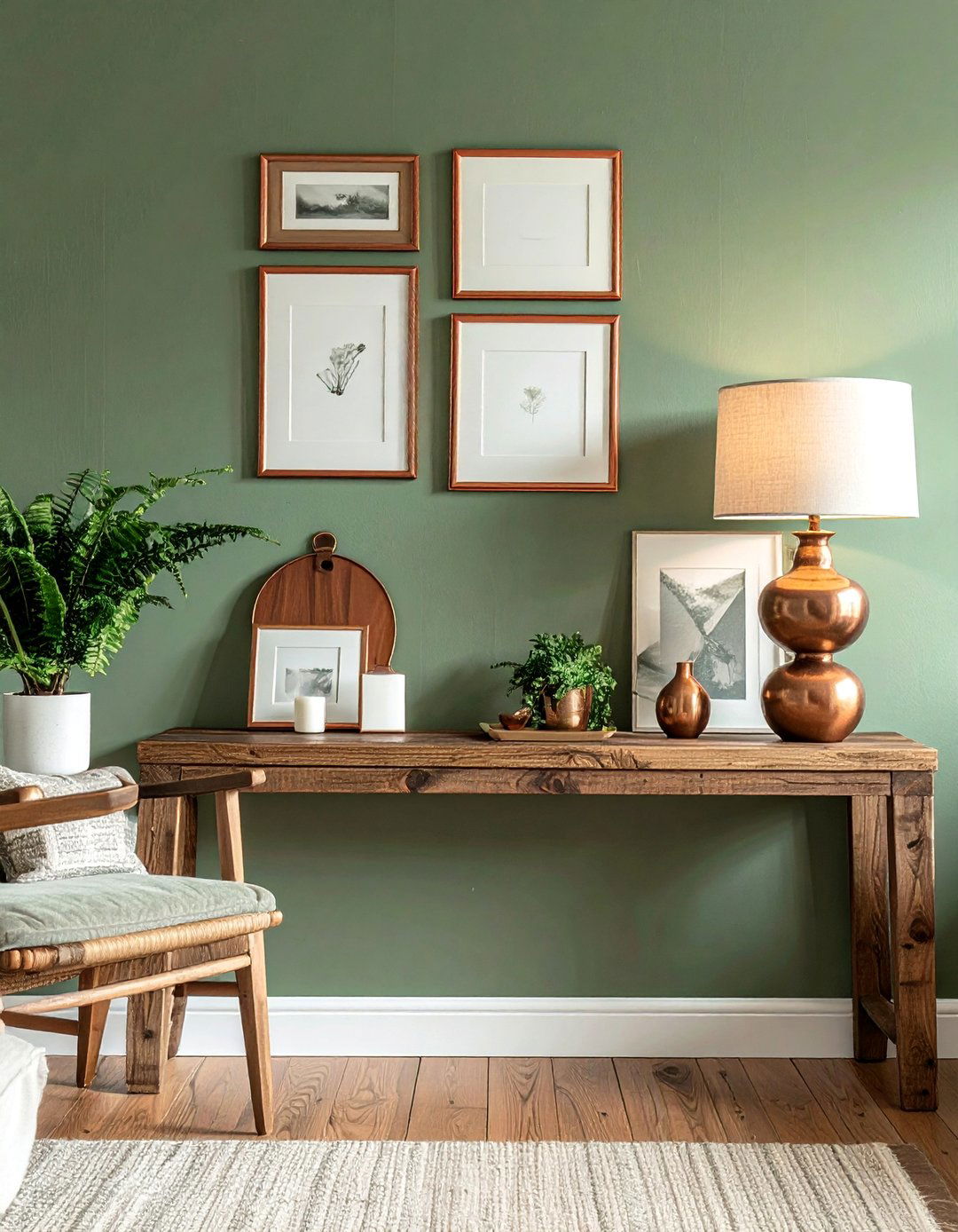 Mixing Metals like Copper and Bronze - 25 Rustic Sage Green Living Room Ideas for Serenity