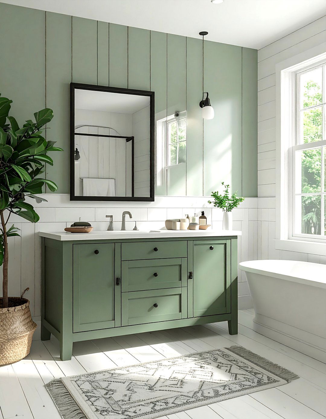 Modern Farmhouse Bathroom with Sage Green Vanity - 40 Sage Green Paint Color Ideas for a Serene Home