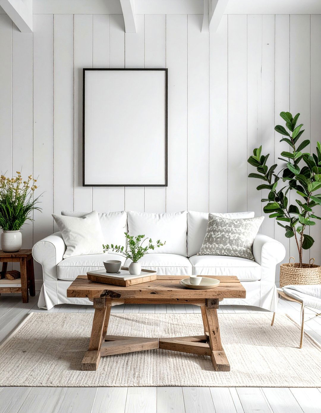 Modern Farmhouse White Couch Living Room with Shiplap - 30 White Couch Living Room Ideas for a Bright Space