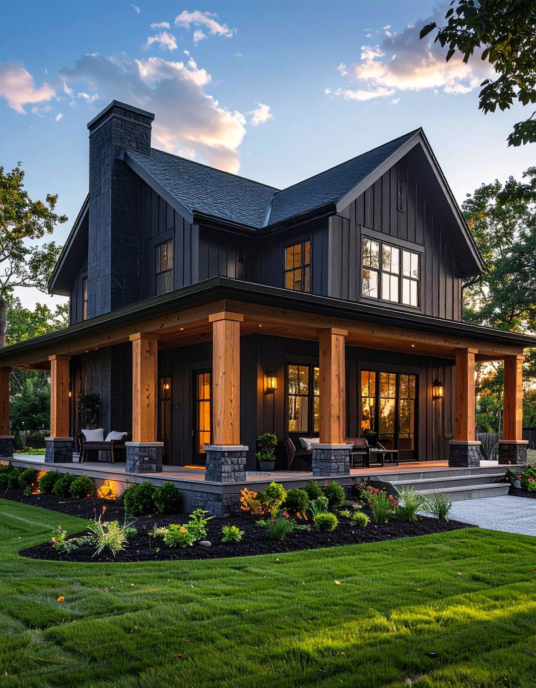 Modern Farmhouse with Cedar Porch Columns - 20 Black House with Cedar Accents Design Ideas