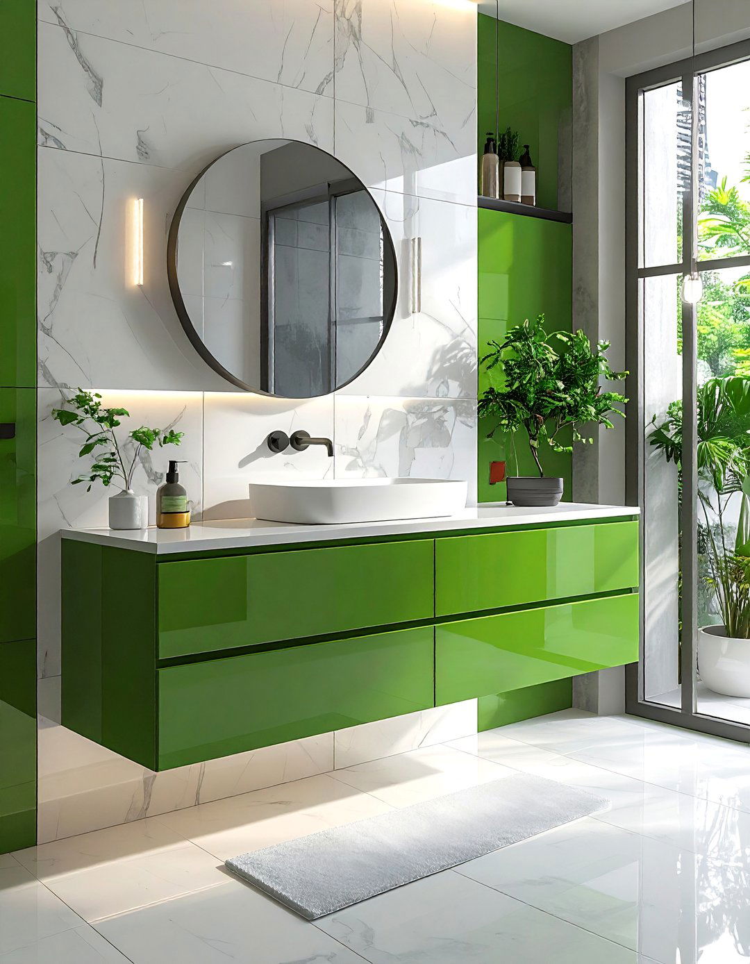 Modern Floating Green Vanity with Integrated Sink - 15 Gorgeous Bathroom Designs Featuring Green Vanities
