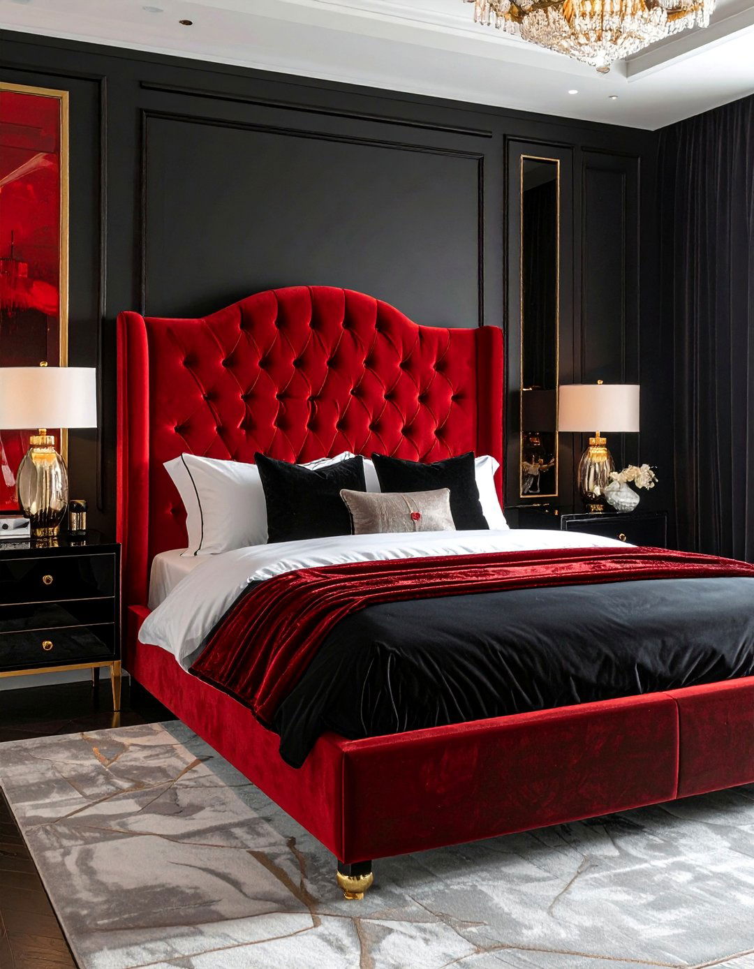 Modern Glam with Red Velvet and Black Gloss - 25 Red and Black Bedroom Ideas for a Bold Statement