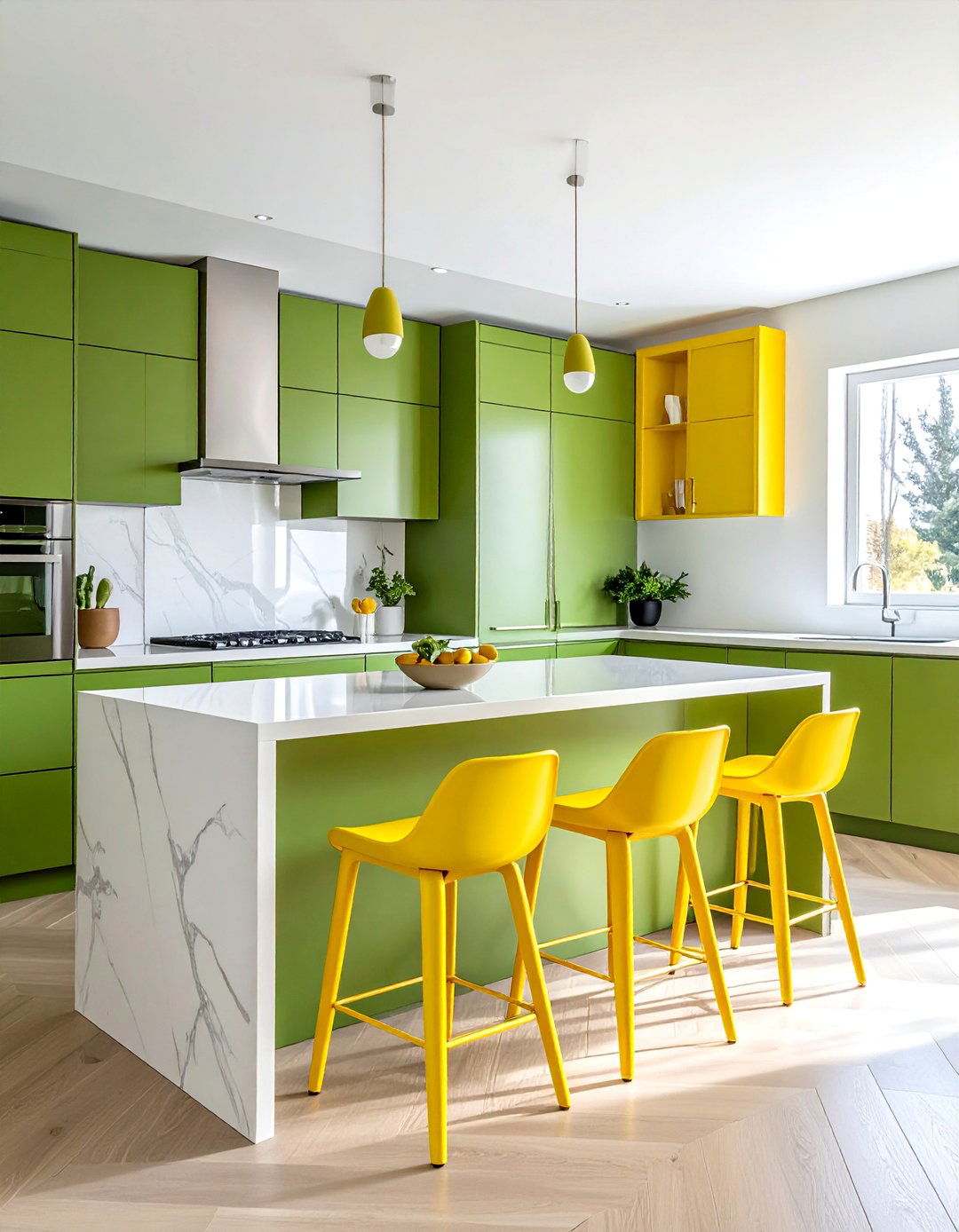 Modern Kitchen with Avocado Green and Bright Yellow Bar Stools - 20 Green and Yellow Kitchen Ideas for a Fresh Look
