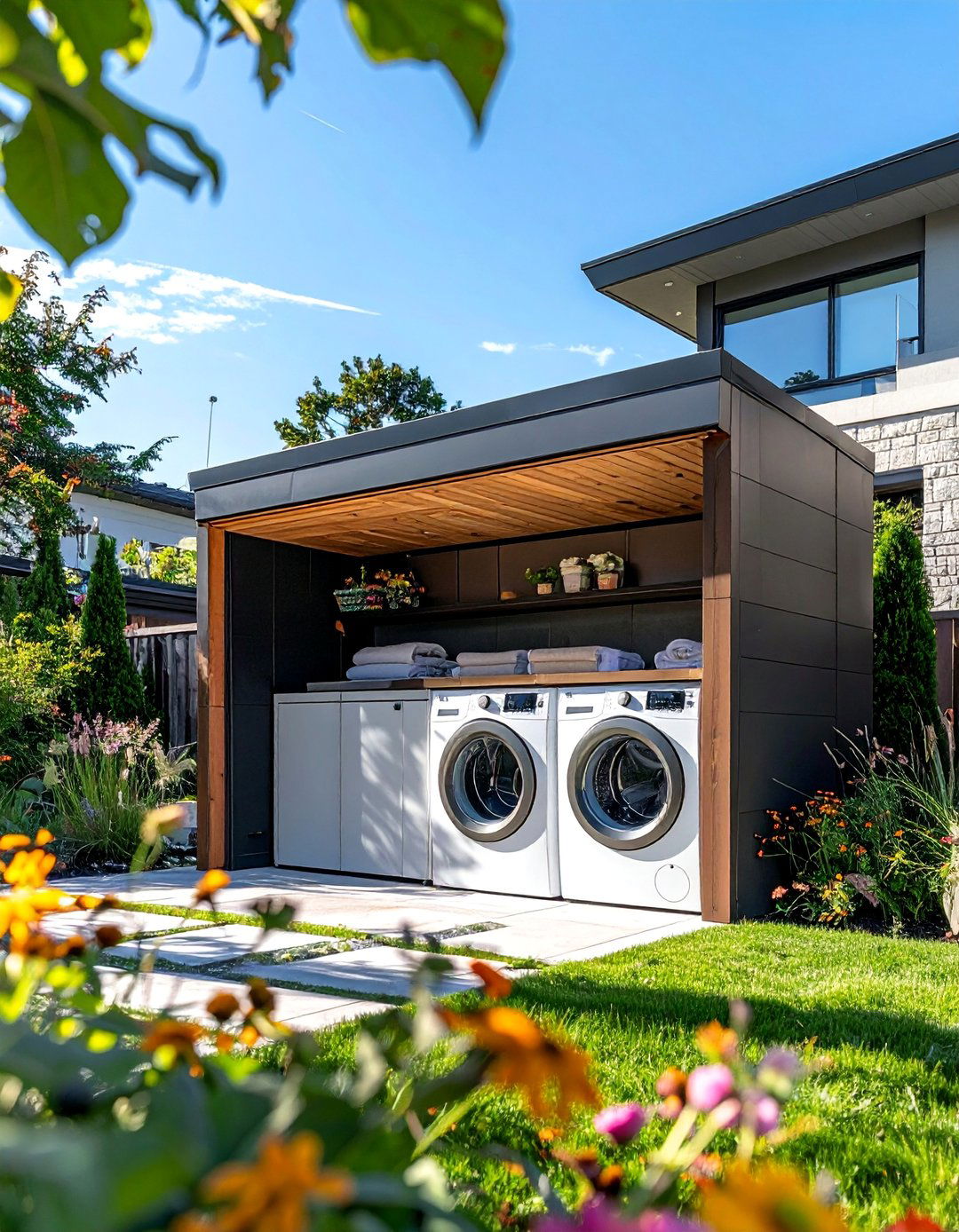 Modern Minimalist Outdoor Laundry Pod - 30 Outdoor Laundry Room Ideas for Functionality