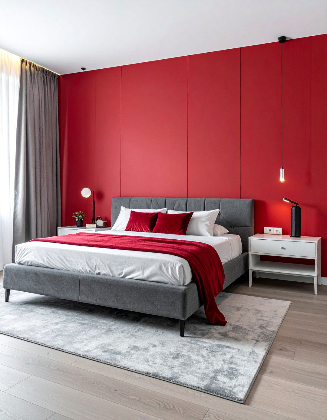 Modern Red Bedroom with Grey and White Contrasts - 20 Red Bedroom Ideas to Create a Bold and Cozy Space