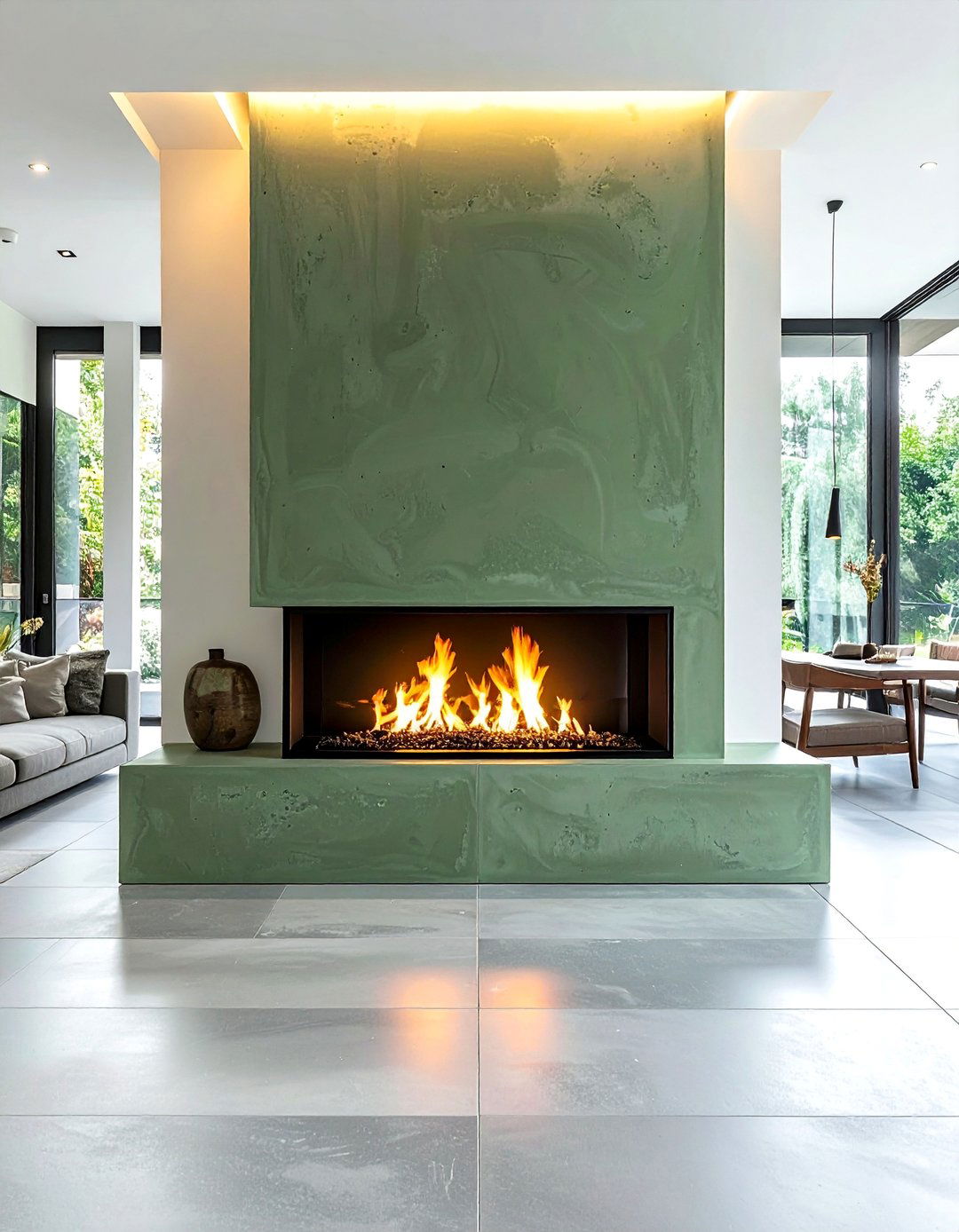 Modern Sage Green Fireplace with Concrete Finish - 15 Sage Green Fireplace Ideas to Cozy Up Your Space