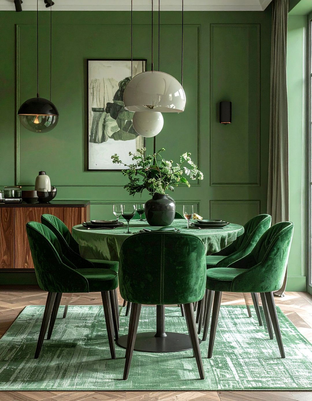 Monochromatic Green Dining Room with Varying Shades - 40 Green Dining Room Ideas for a Fresh Look