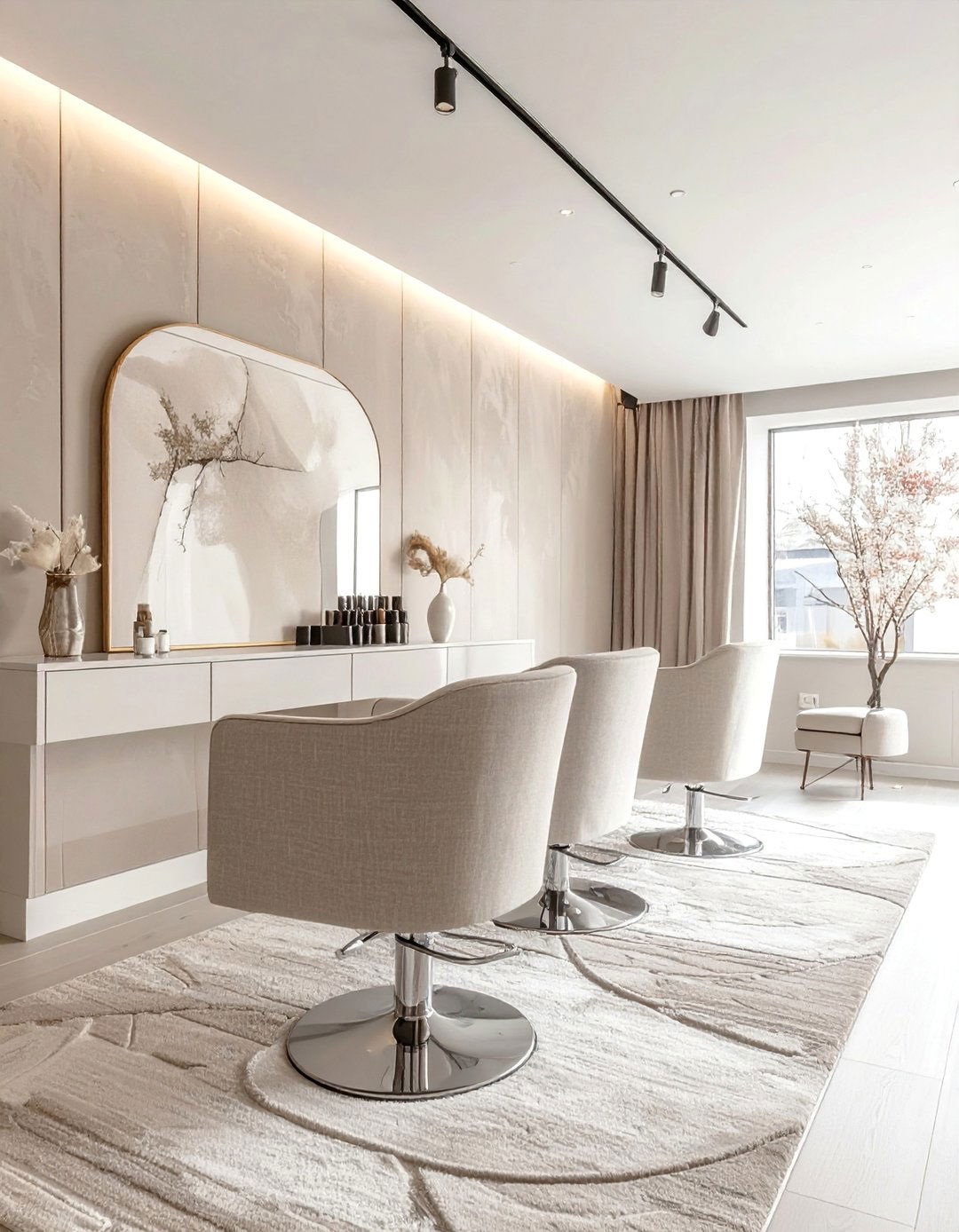 Monochromatic Neutral Palette Nail Salon Design - 30 Nail Salon Interior Design Ideas for a Chic Look
