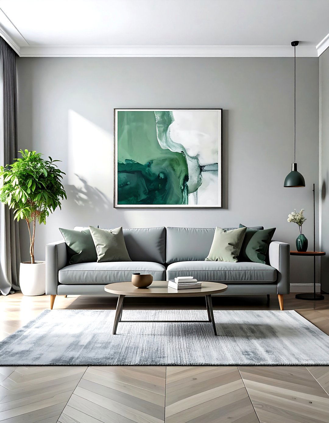 Monochromatic Scheme with Shades of Grey and a Sage Accent - 20 Grey and Sage Green Living Room Ideas